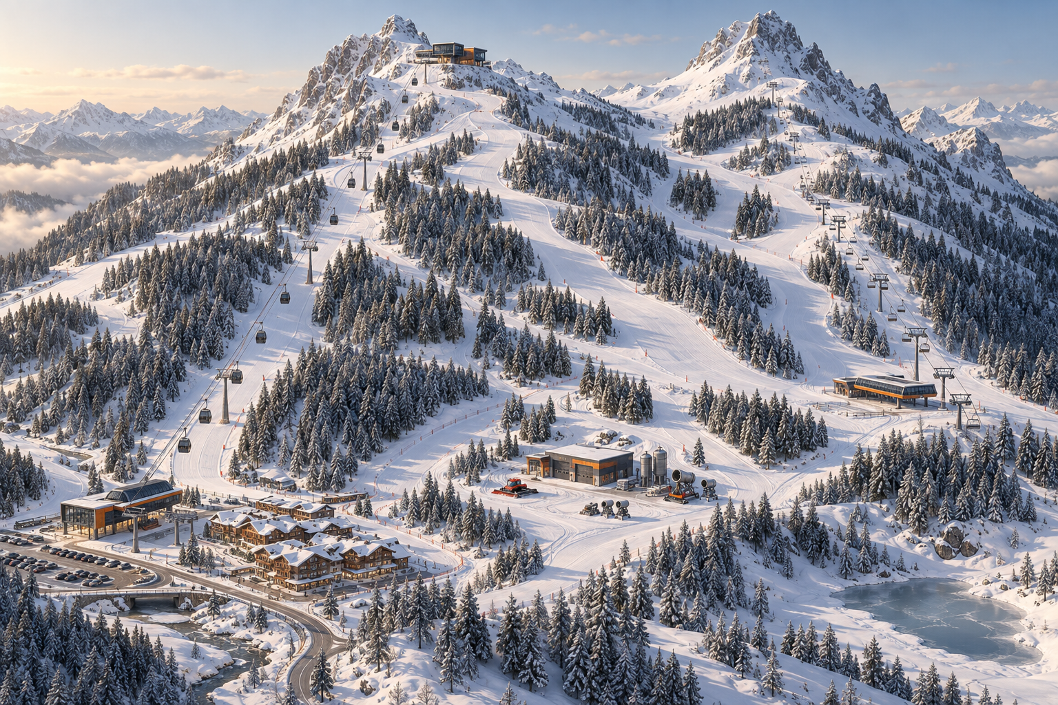 Illustratives Skigebiet mit Talstation, Werkstatt und Bergstation